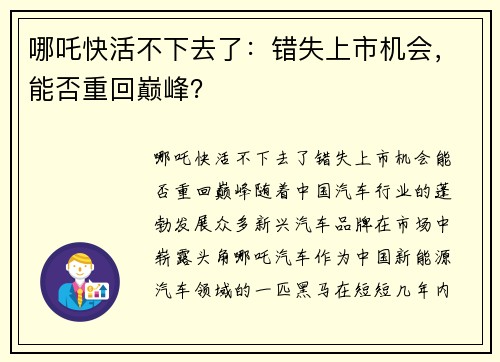 哪吒快活不下去了：错失上市机会，能否重回巅峰？