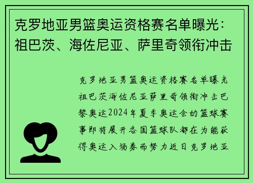 克罗地亚男篮奥运资格赛名单曝光：祖巴茨、海佐尼亚、萨里奇领衔冲击巴黎奥运