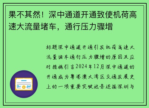 果不其然！深中通道开通致使机荷高速大流量堵车，通行压力骤增