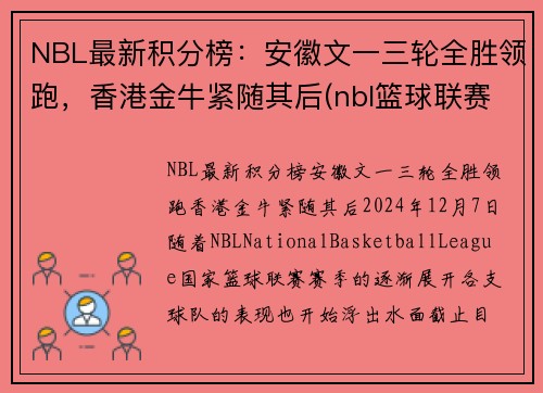 NBL最新积分榜：安徽文一三轮全胜领跑，香港金牛紧随其后(nbl篮球联赛积分榜)