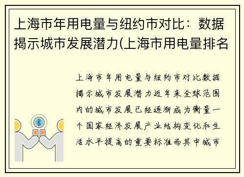 上海市年用电量与纽约市对比：数据揭示城市发展潜力(上海市用电量排名)