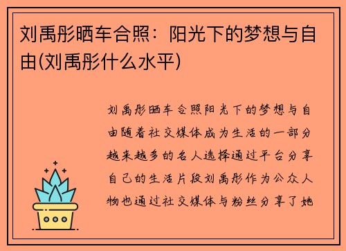 刘禹彤晒车合照：阳光下的梦想与自由(刘禹彤什么水平)