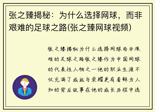 张之臻揭秘：为什么选择网球，而非艰难的足球之路(张之臻网球视频)