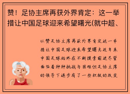 赞！足协主席再获外界肯定：这一举措让中国足球迎来希望曙光(就中超、中甲俱乐部)